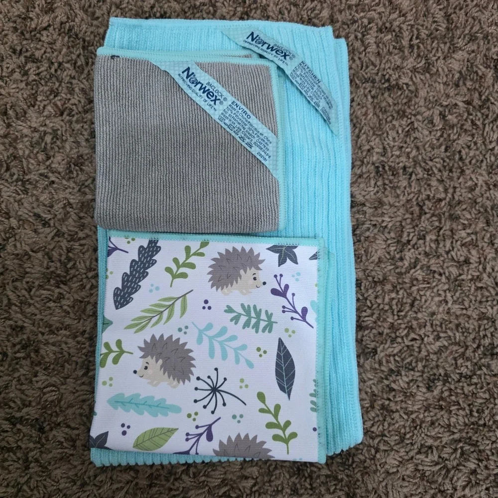 Norwex 3pc Set Ribbed Kitchen Towel Teal Gray EnviroCloth Hedgehog Window Cloth